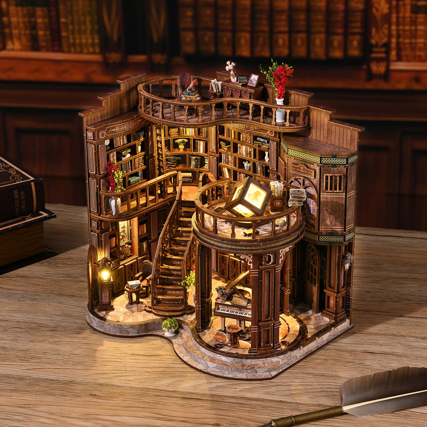 Detailed model of a library with bookshelves and decorative elements on a wooden surface.